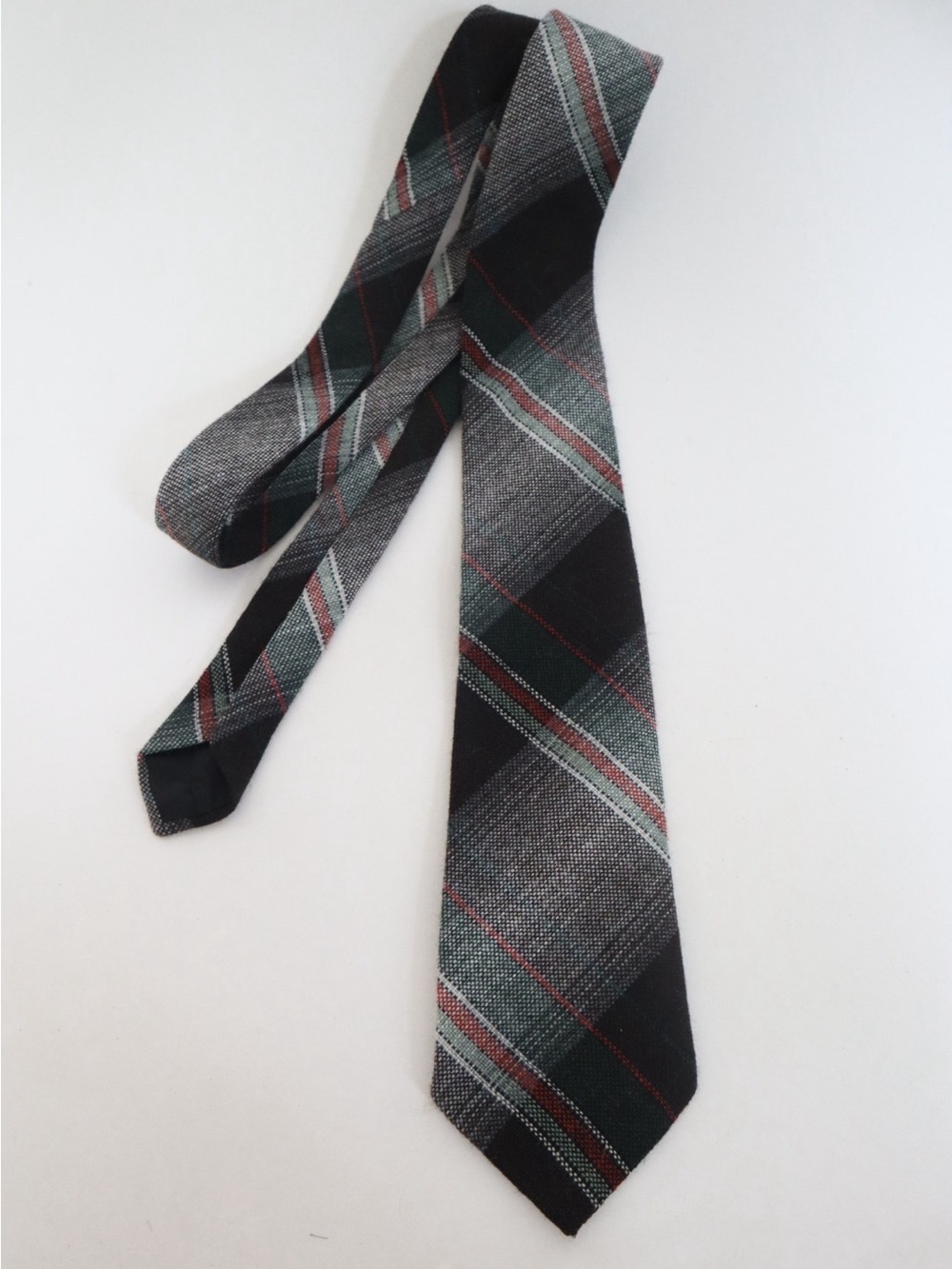 Wembley Black Plaid Wool Tie with Gray, Green and Red Accents